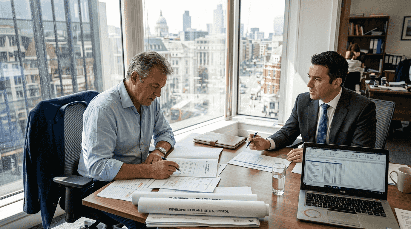 Developer signing loan agreement in city office
