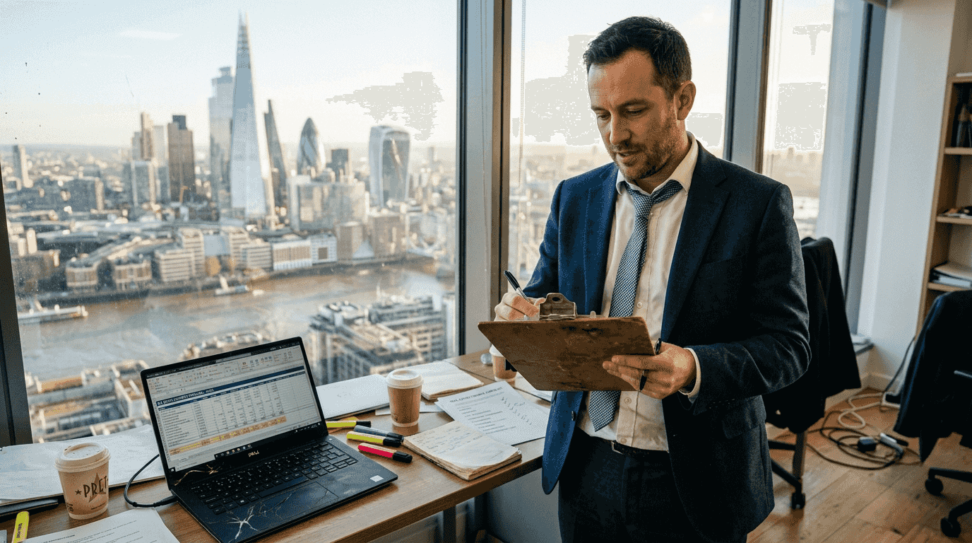 Property developer reviewing finance checklist in office