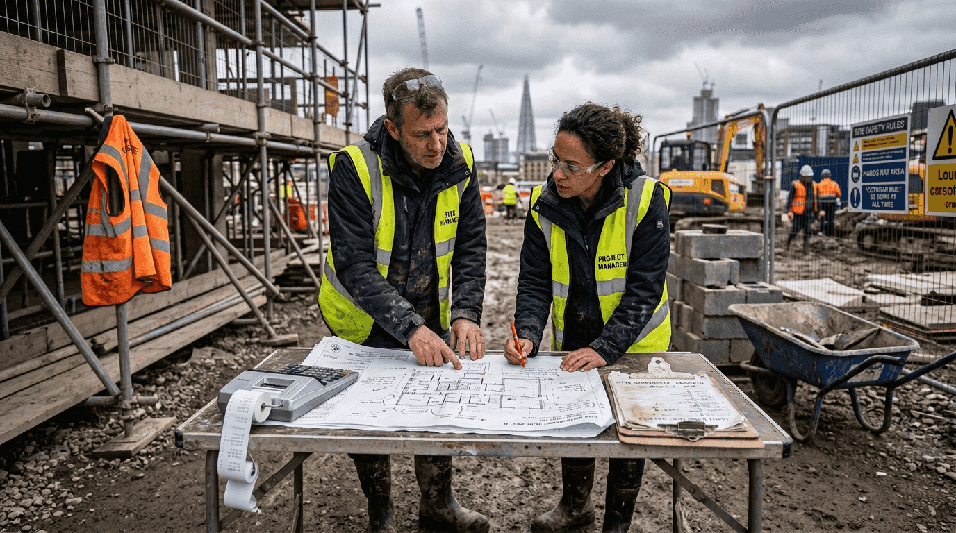 Managers reviewing contingency plans on building site