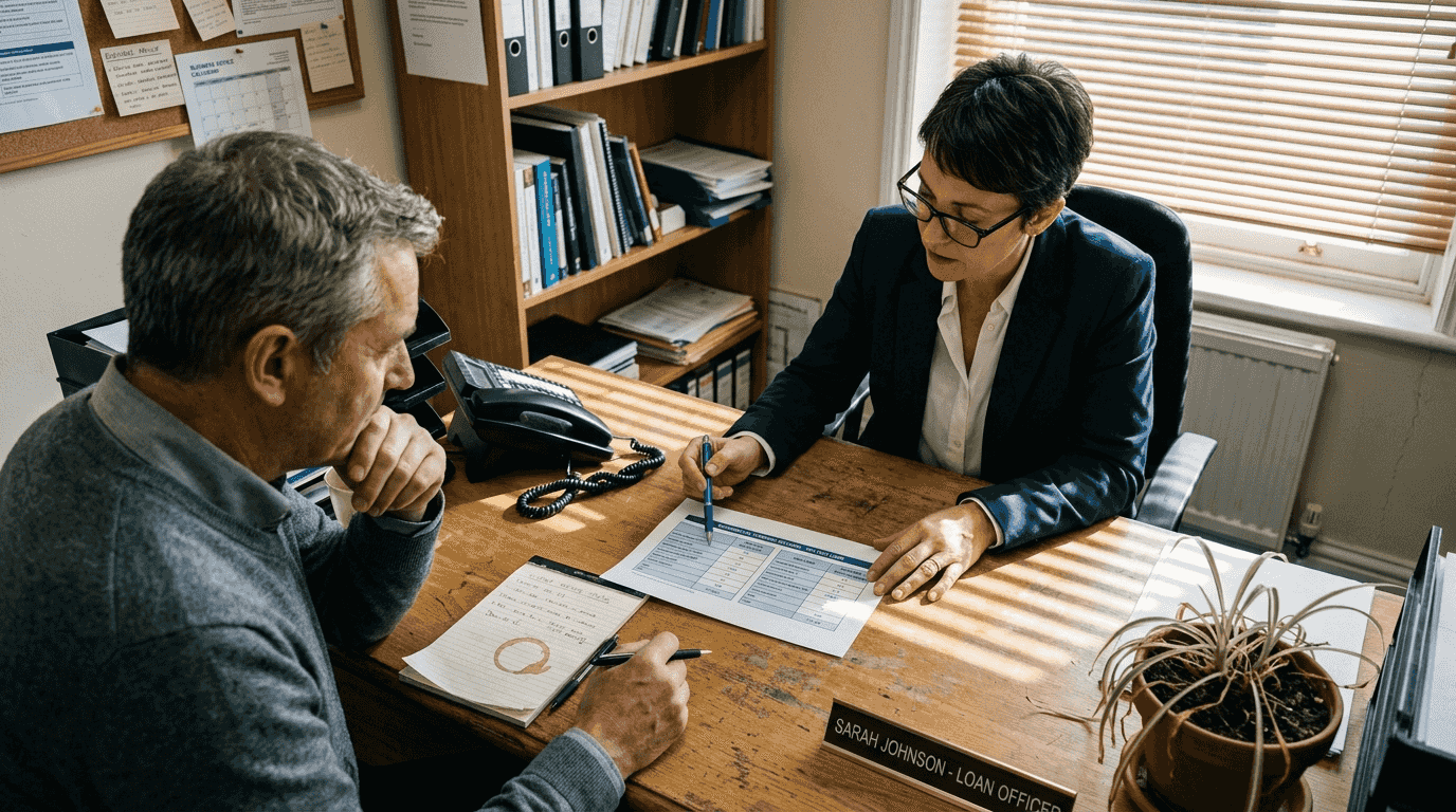 Loan officer discusses financing chart with client