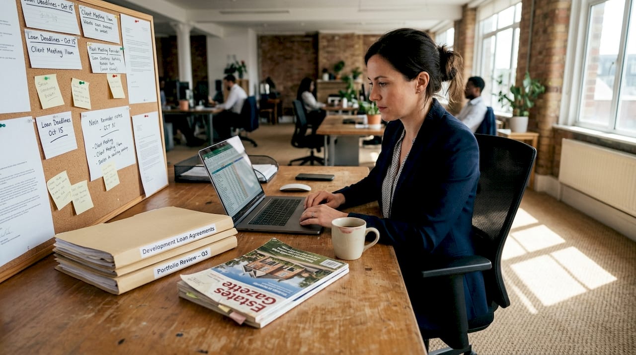 Fund manager reviews spreadsheets and property loans