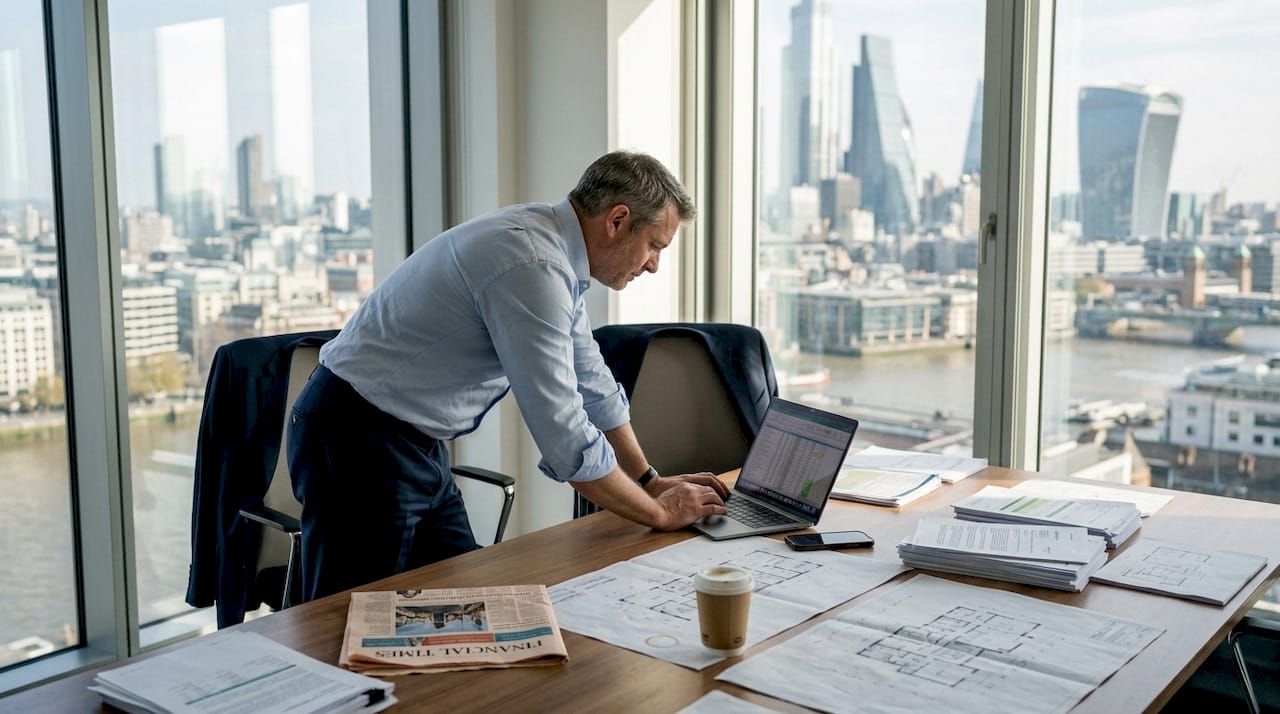 Property developer reviewing plans in office