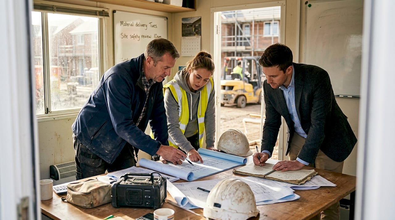 Development team reviewing project plans on site