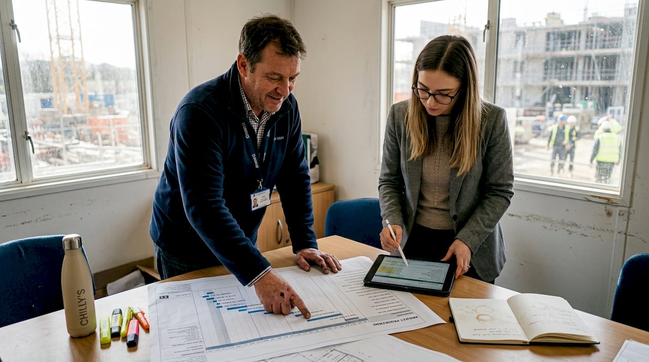 Project manager and adviser discussing development finance