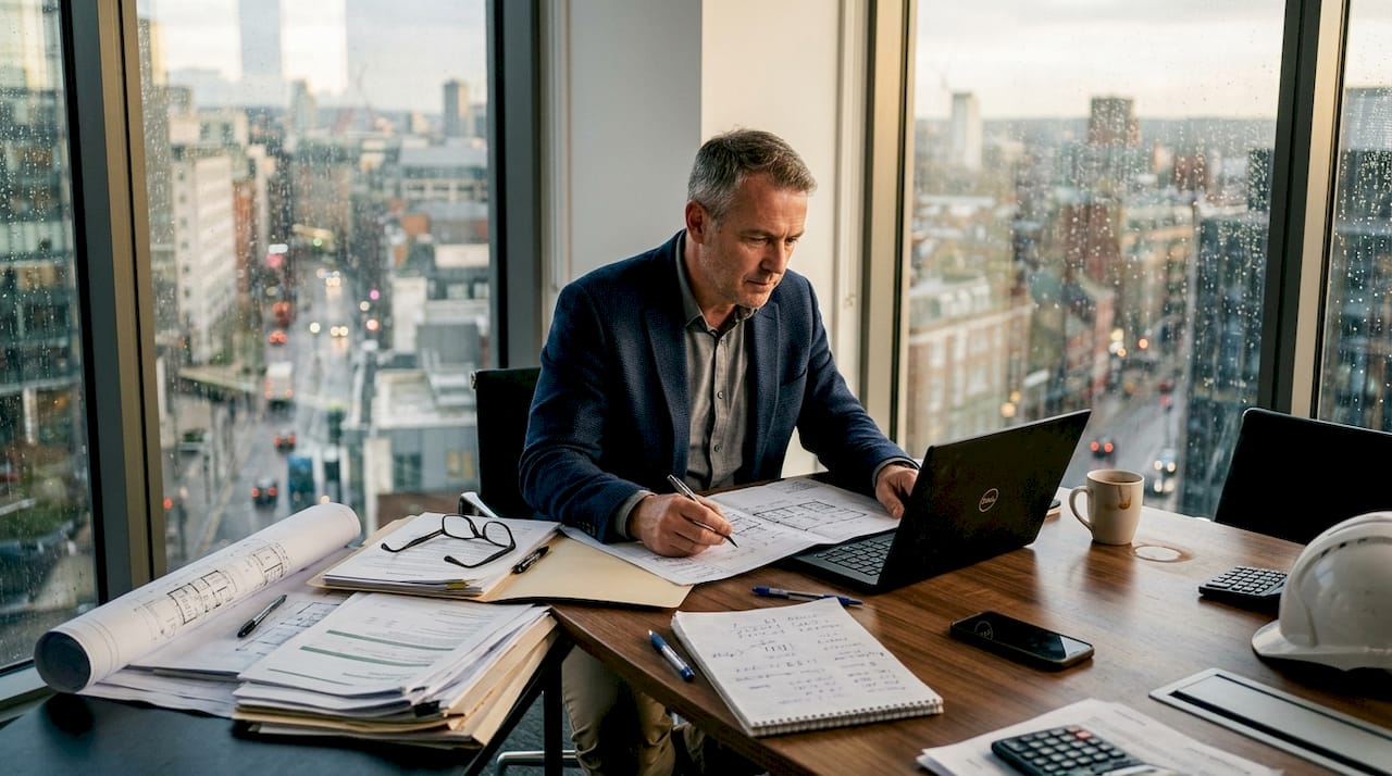 Developer reviews finance documents in city office