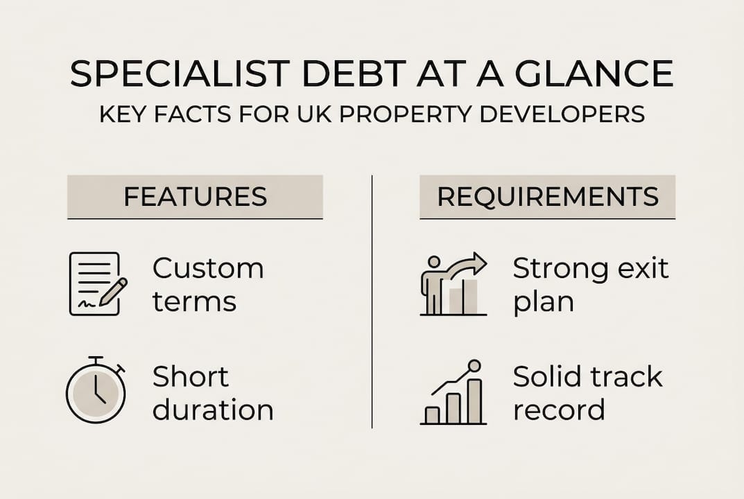Infographic summarising specialist debt features and criteria