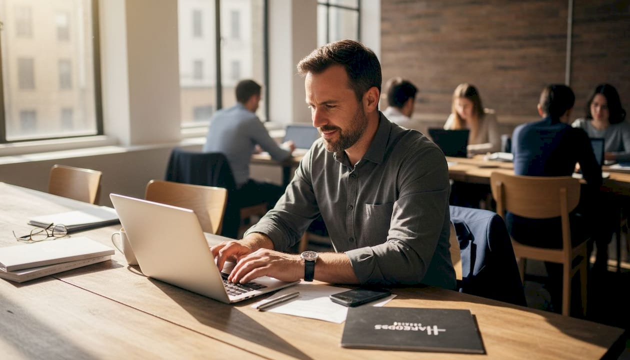Finance professional emails at co-working desk