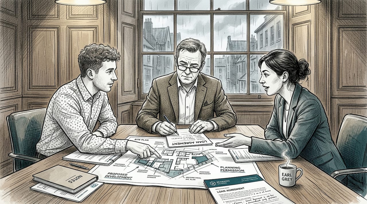 Professional finance team reviews property plans in London office