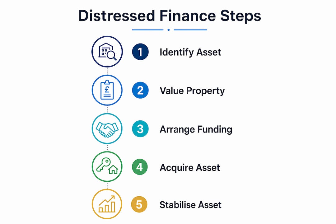 Infographic with five steps of distressed asset finance process