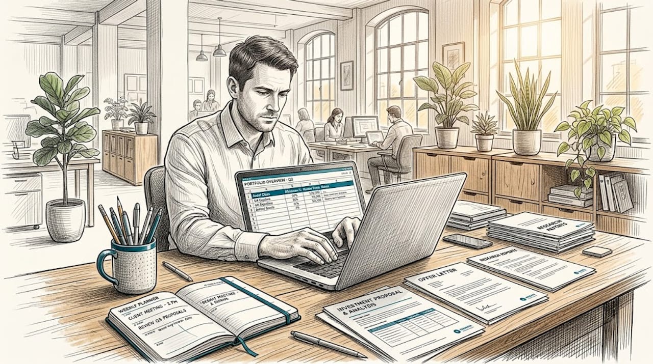 Asset manager reviews refinancing paperwork at desk