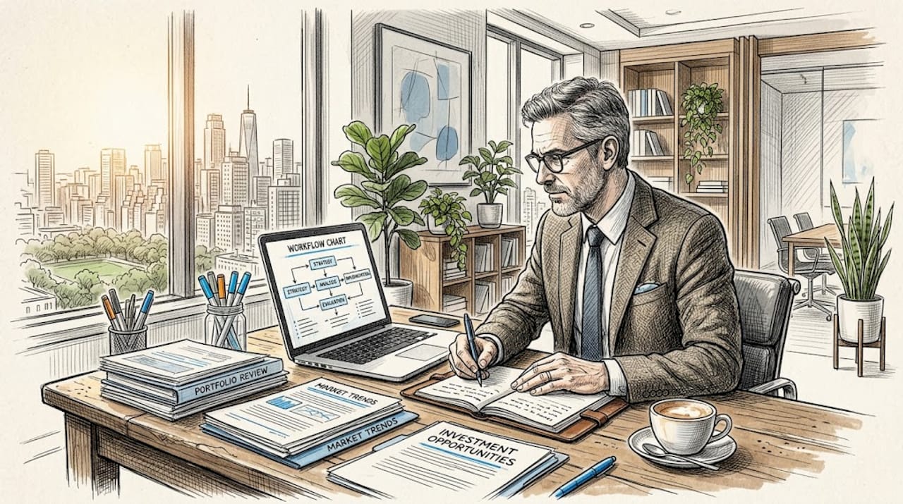 Investor reviews workflow chart at office desk