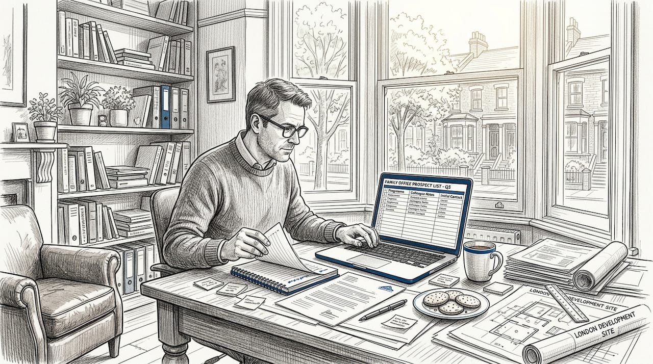 Developer at home desk reviewing family office prospects