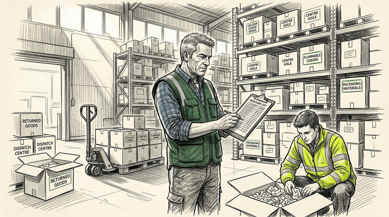 Warehouse manager checking inventory with inspector