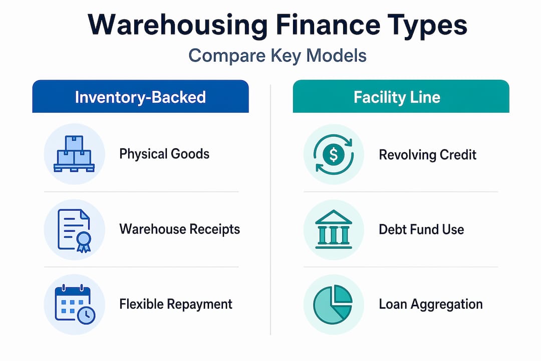 Infographic comparing warehouse finance types side by side
