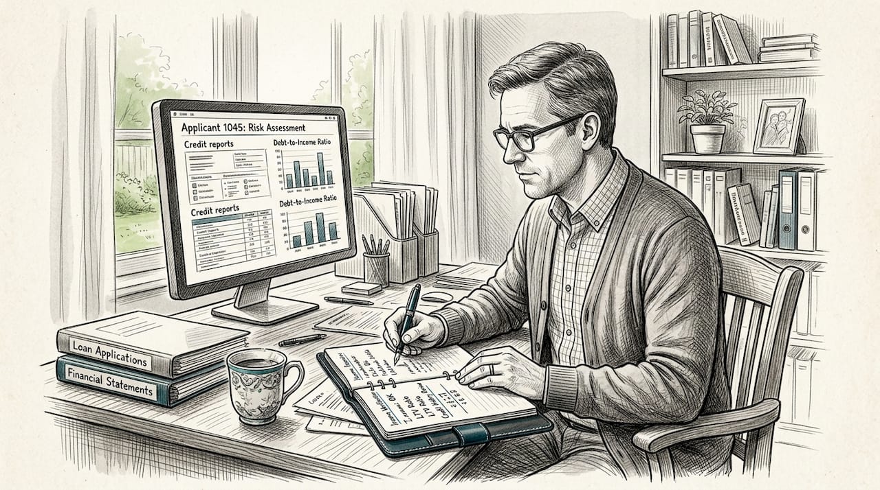 Loan underwriter reviewing credit reports at desk