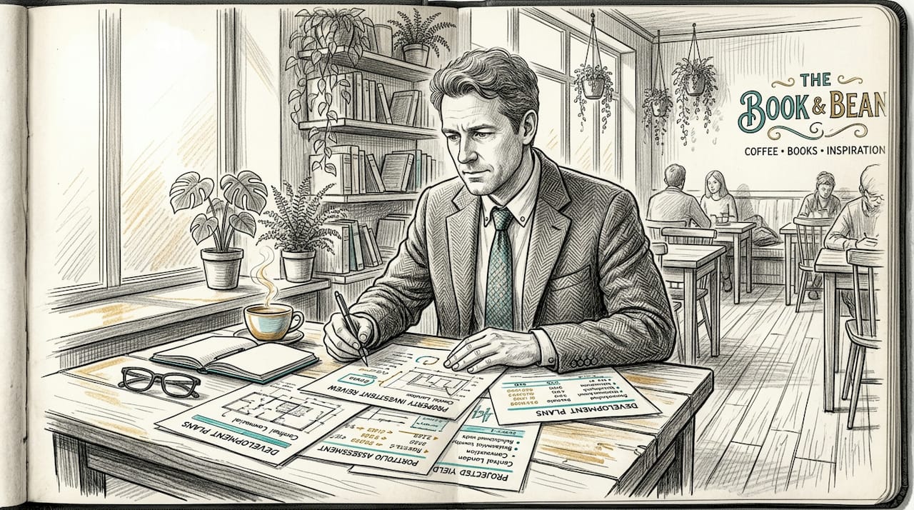 Investor reviewing property finance documents in office