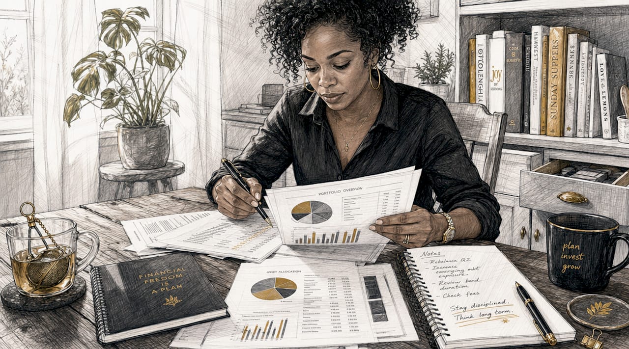 Woman reviewing financial reports at desk