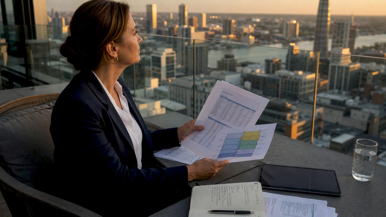 Financial analyst reviewing layered capital structure papers