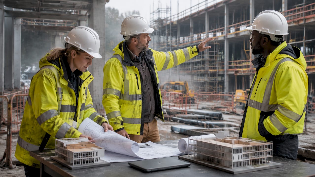Property development team discussing plans onsite