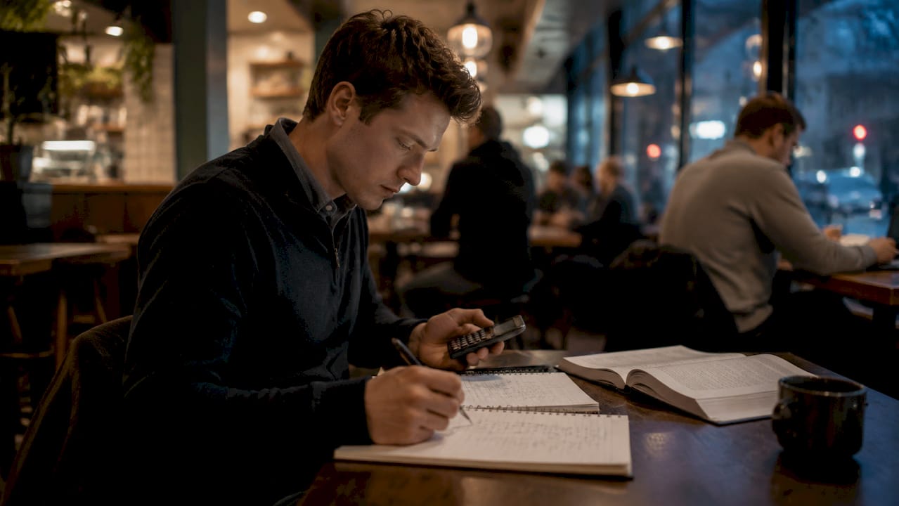 Investor calculating property leverage on calculator