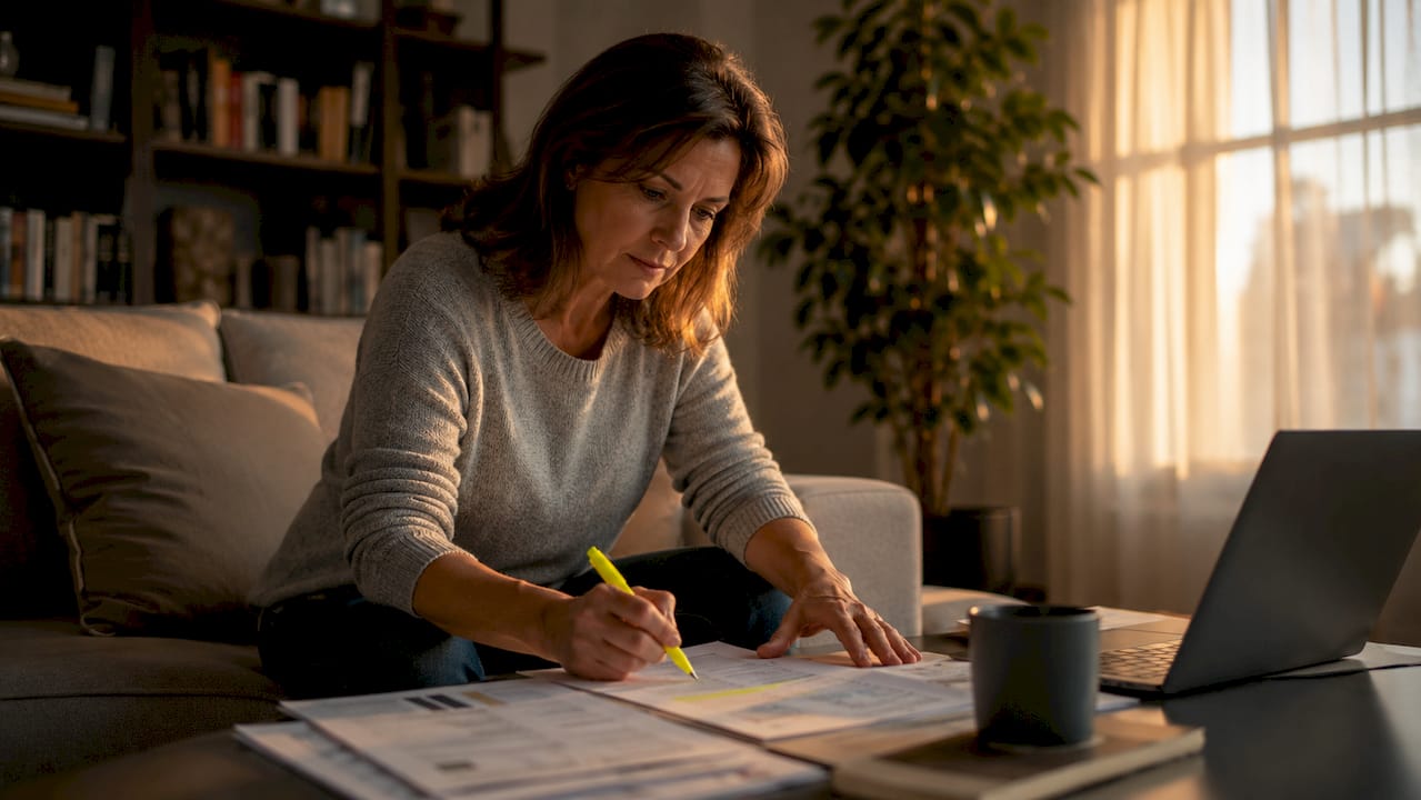 Property investor reviewing financial documents at desk