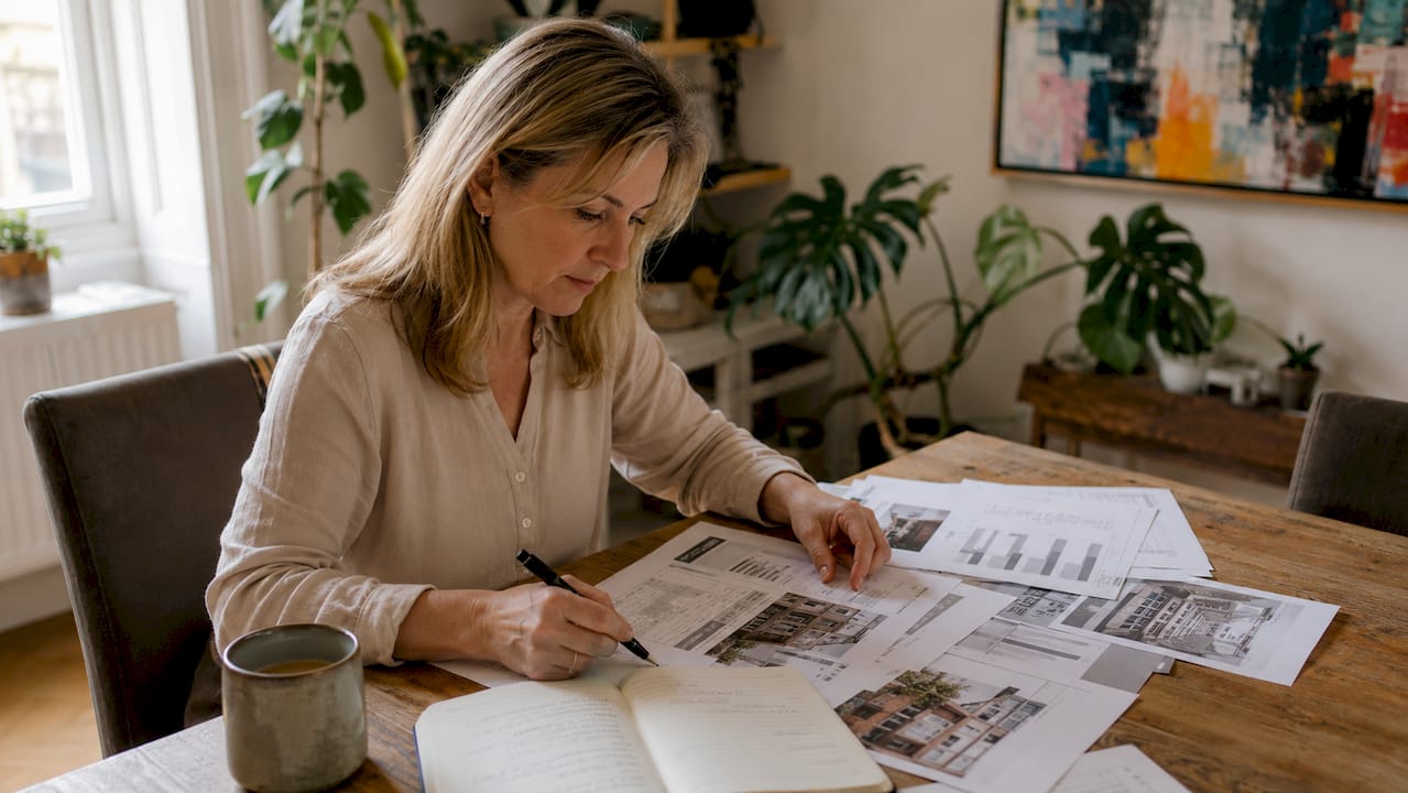 Overhead view of investor reviewing mortgage paperwork