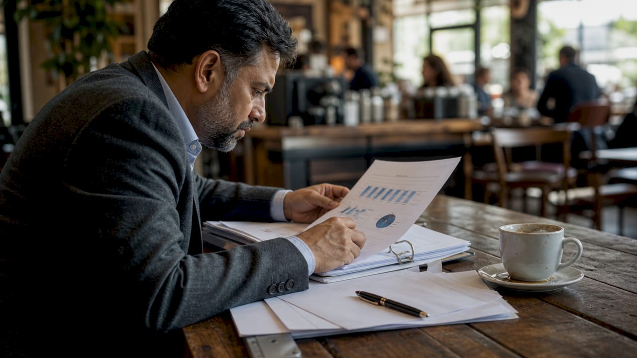 Man reviewing credit rating documents in city office