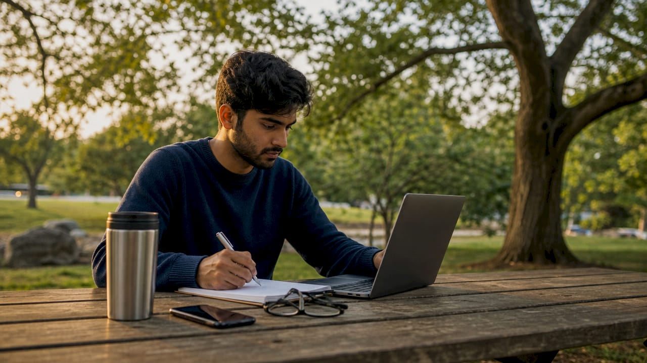 Man preparing financial data outdoors on laptop