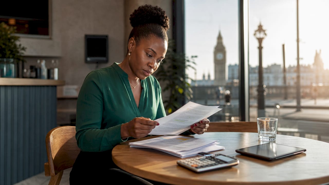 Finance analyst reviewing loan paperwork at desk