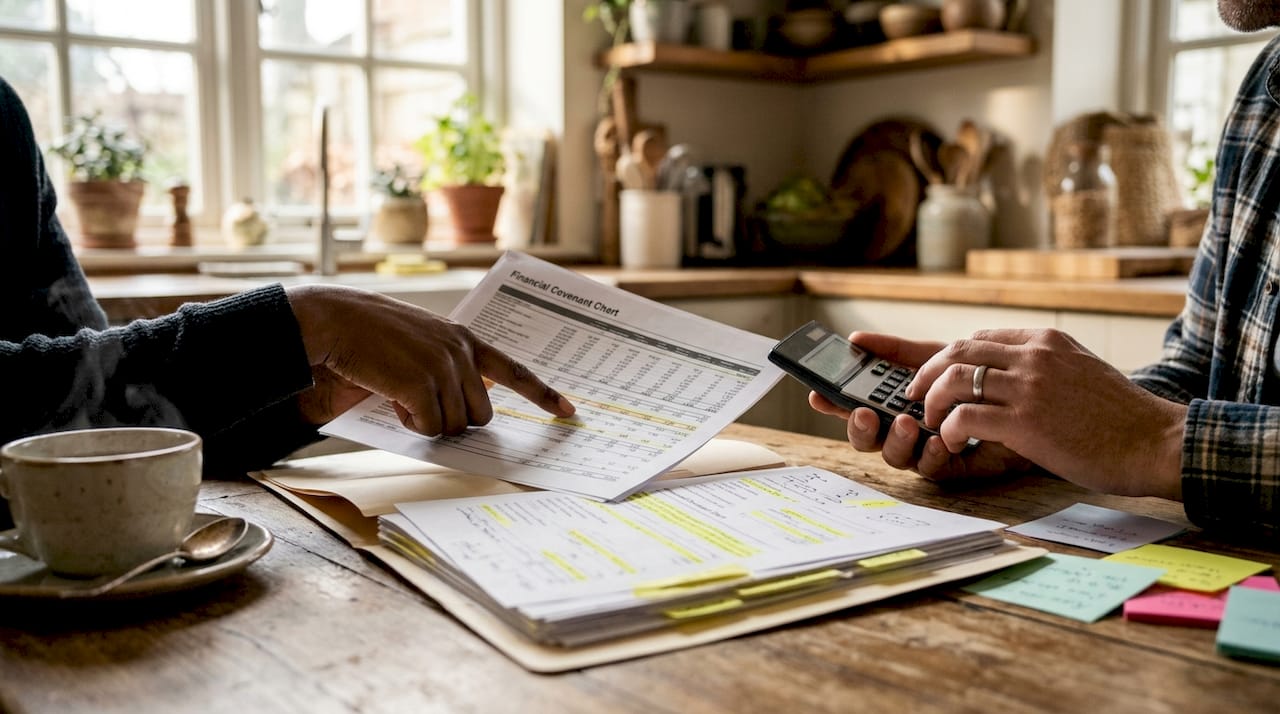Hands analyzing financial covenant chart
