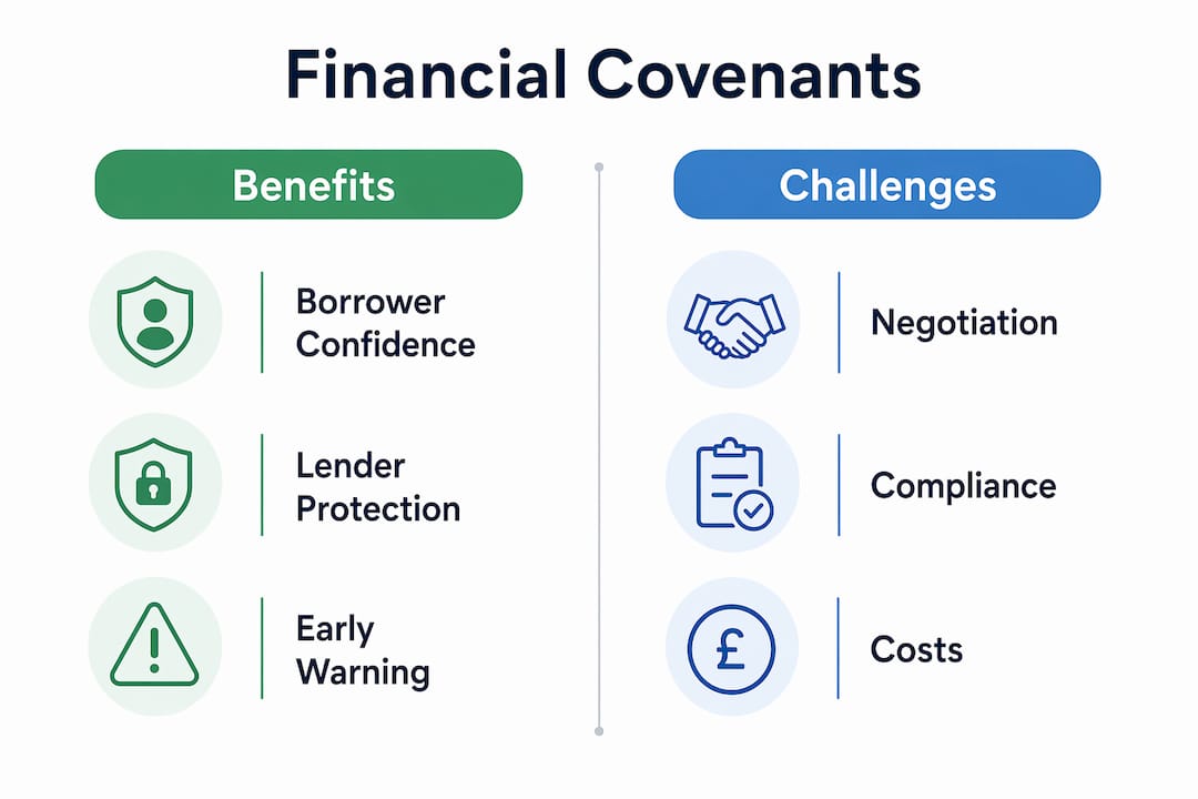 Infographic contrasting benefits and challenges of financial covenants