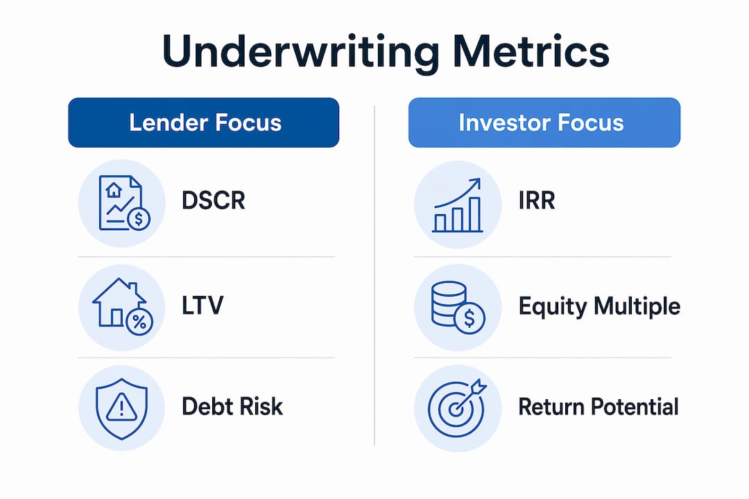 Infographic comparing lender and investor underwriting metrics
