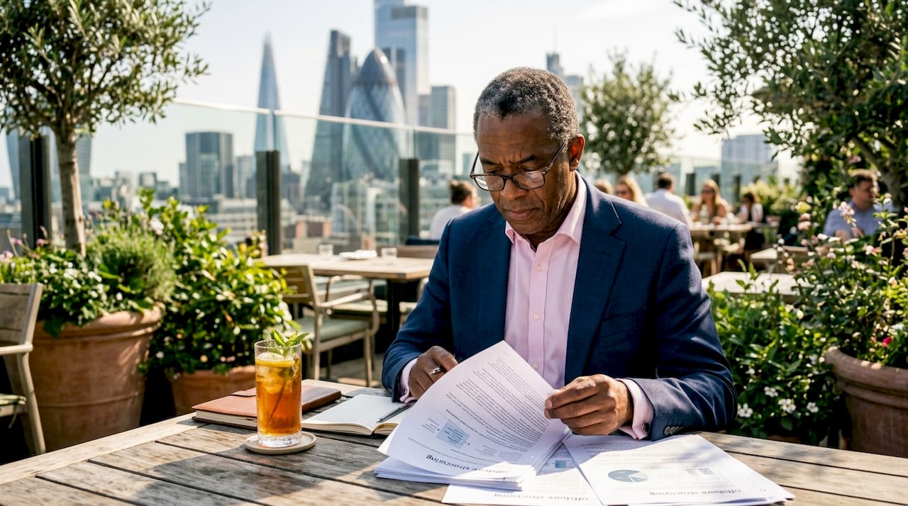 Man reviewing offshore structuring documents in office