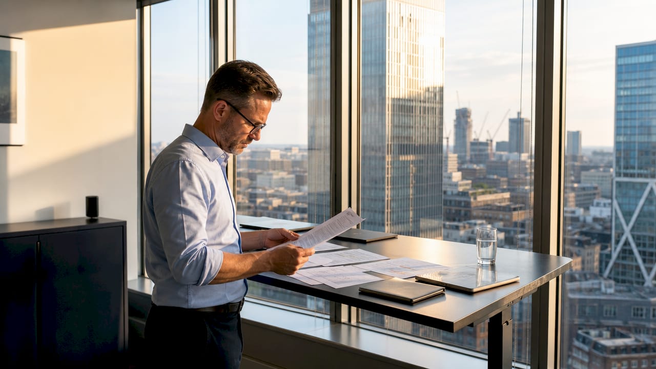Financial analyst reviewing balance sheet lending documents