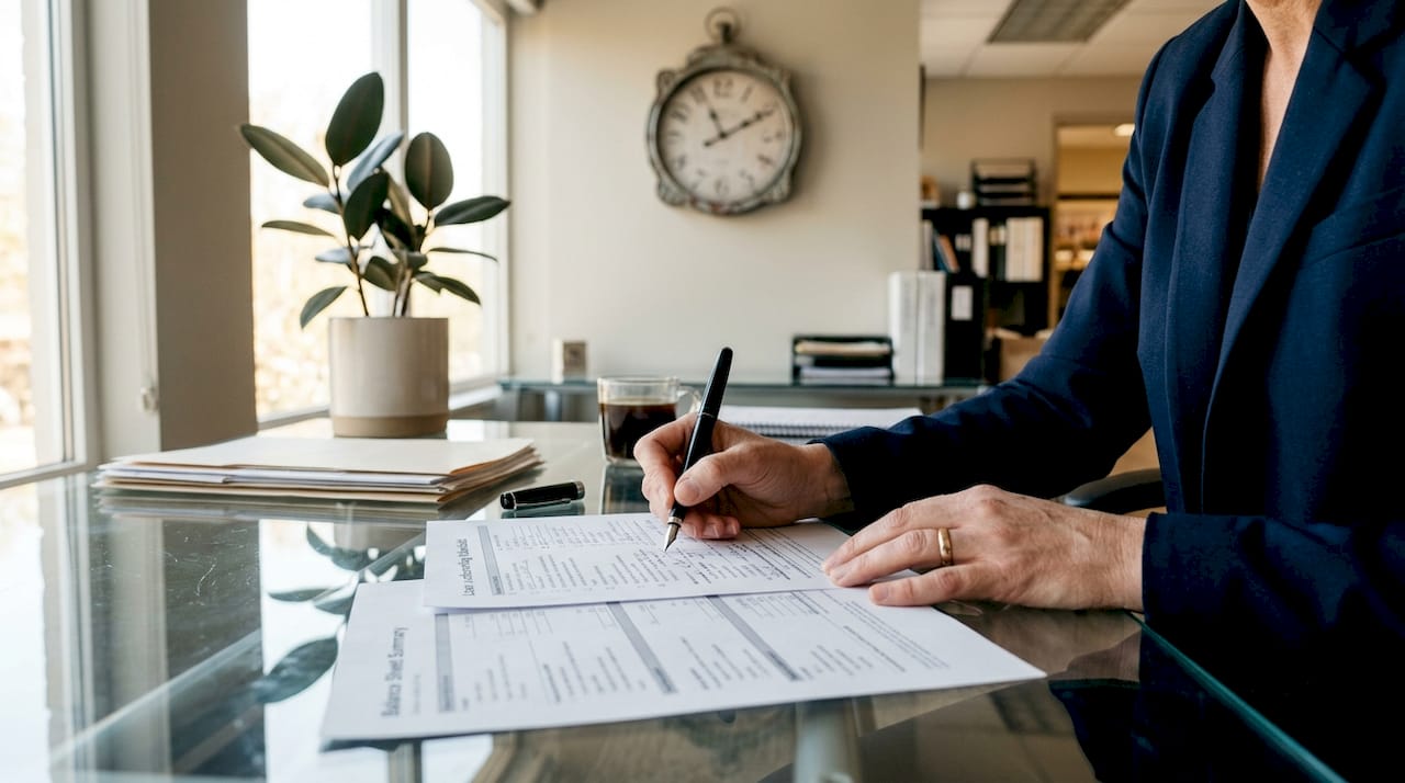 Overhead view of loan officer reviewing underwriting documents