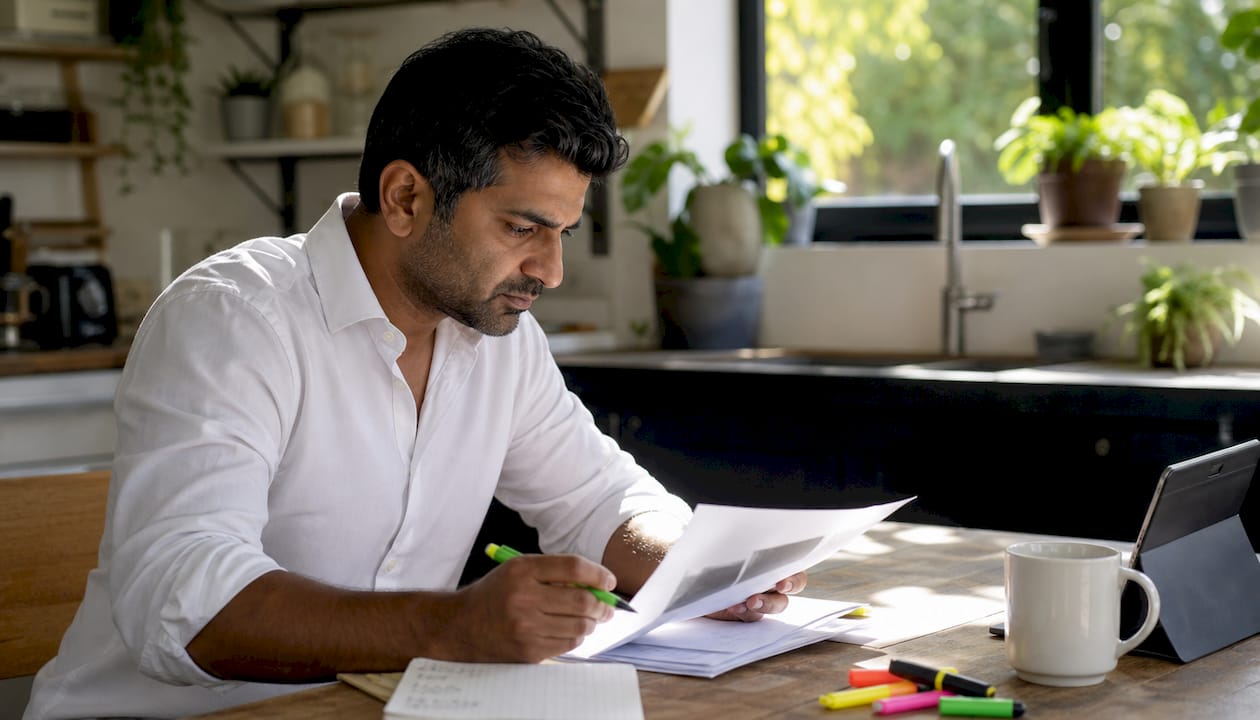 Investor reviewing UK property documents at desk