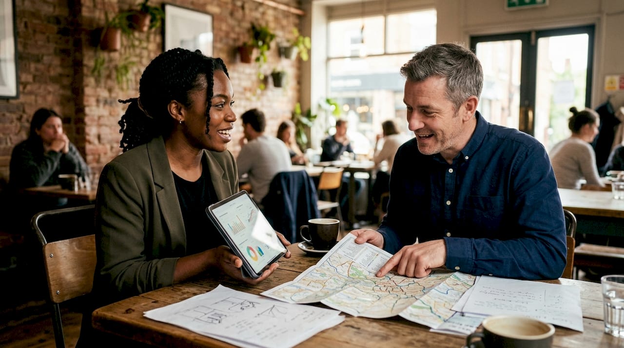 Two professionals discussing UK real estate asset classes