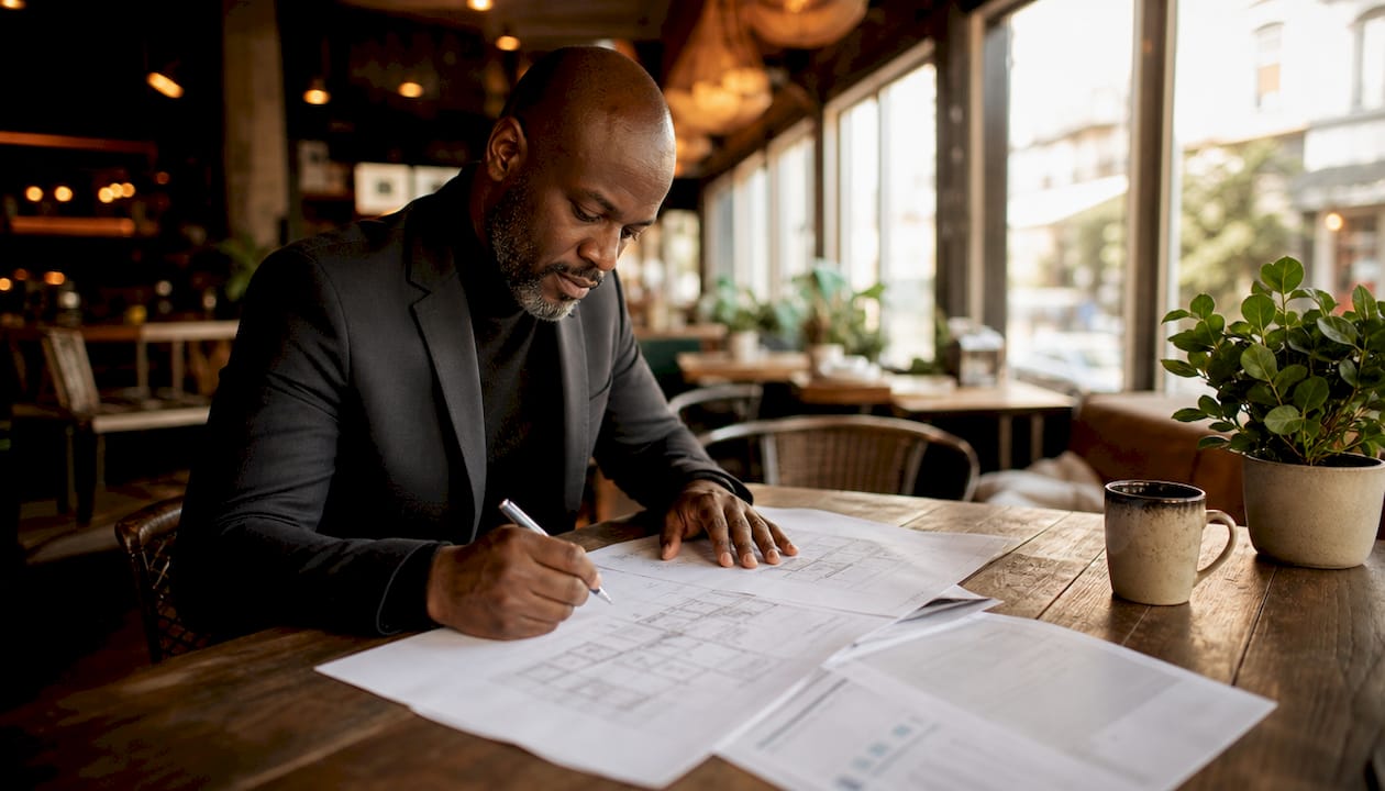 Property developer reviewing joint venture documents