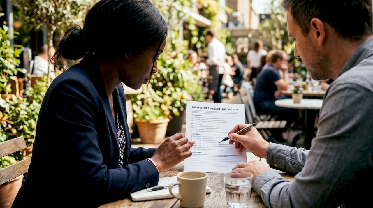 Hands pointing at property finance red flags checklist
