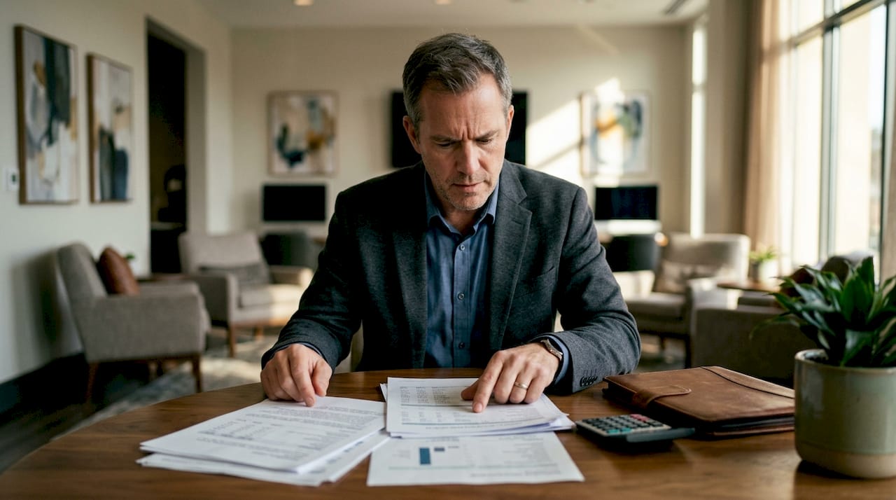 Property developer reviewing finance documents at desk
