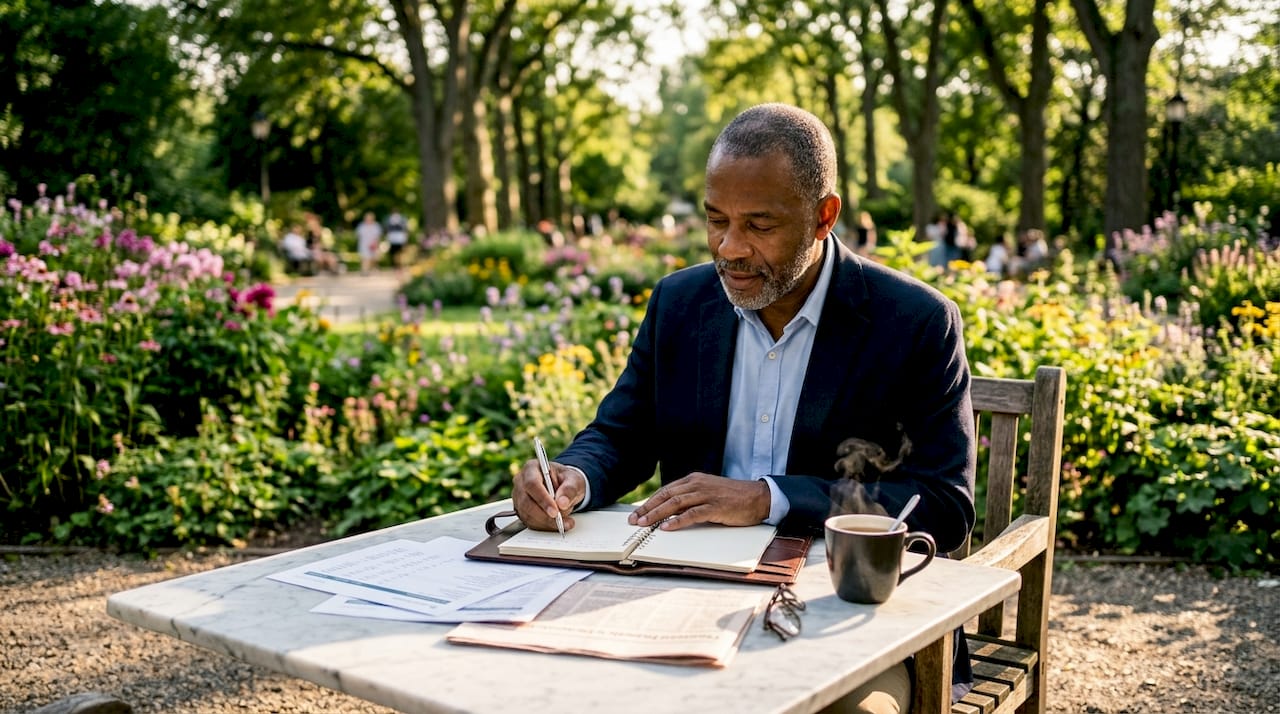 Investor reviewing portfolio documents in office