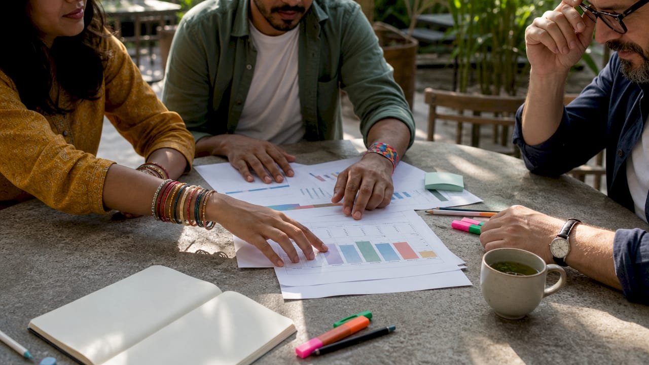 Diverse hands discussing capital stack documents