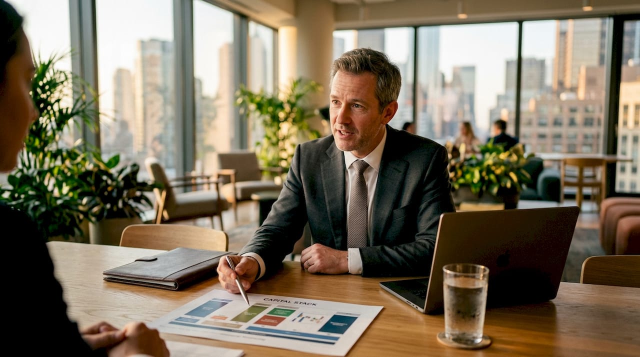Investor pointing at capital stack diagram