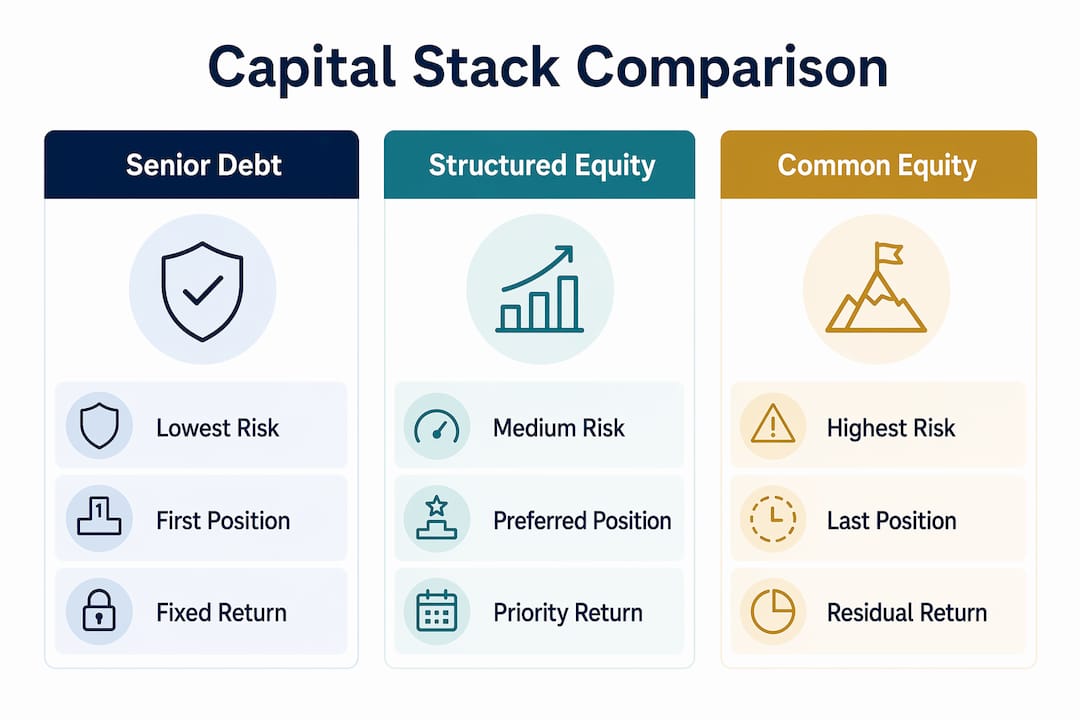 Infographic comparing senior debt, structured equity, and common equity in capital stack