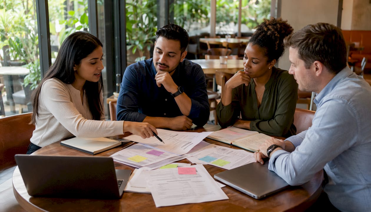 Team preparing documents for covenant negotiations