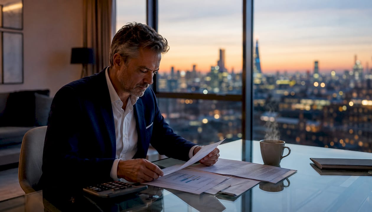 Investor reviewing real estate debt documents in office