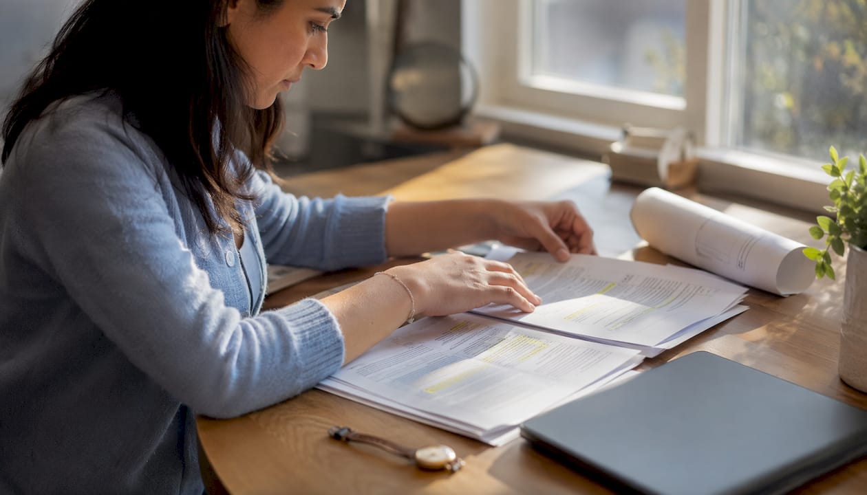 Hands sorting UK real estate loan documents