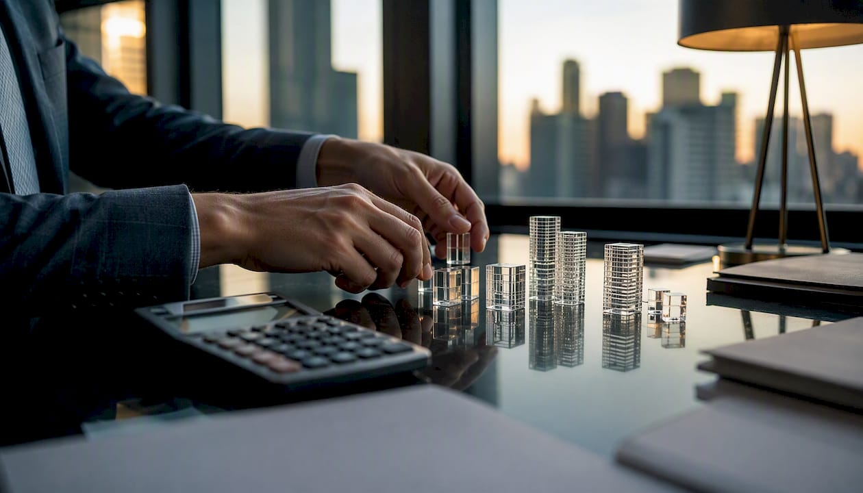 Hands modelling property finance with calculator and models