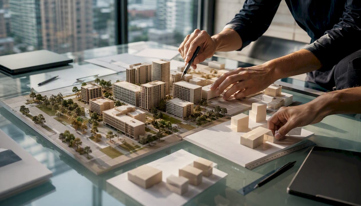 Hands arranging building model in boardroom