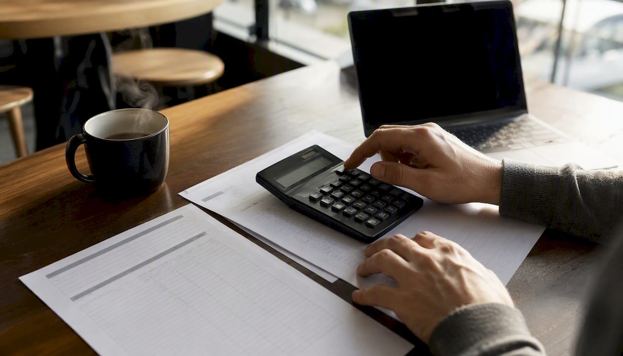 Hands calculating credit metrics with calculator